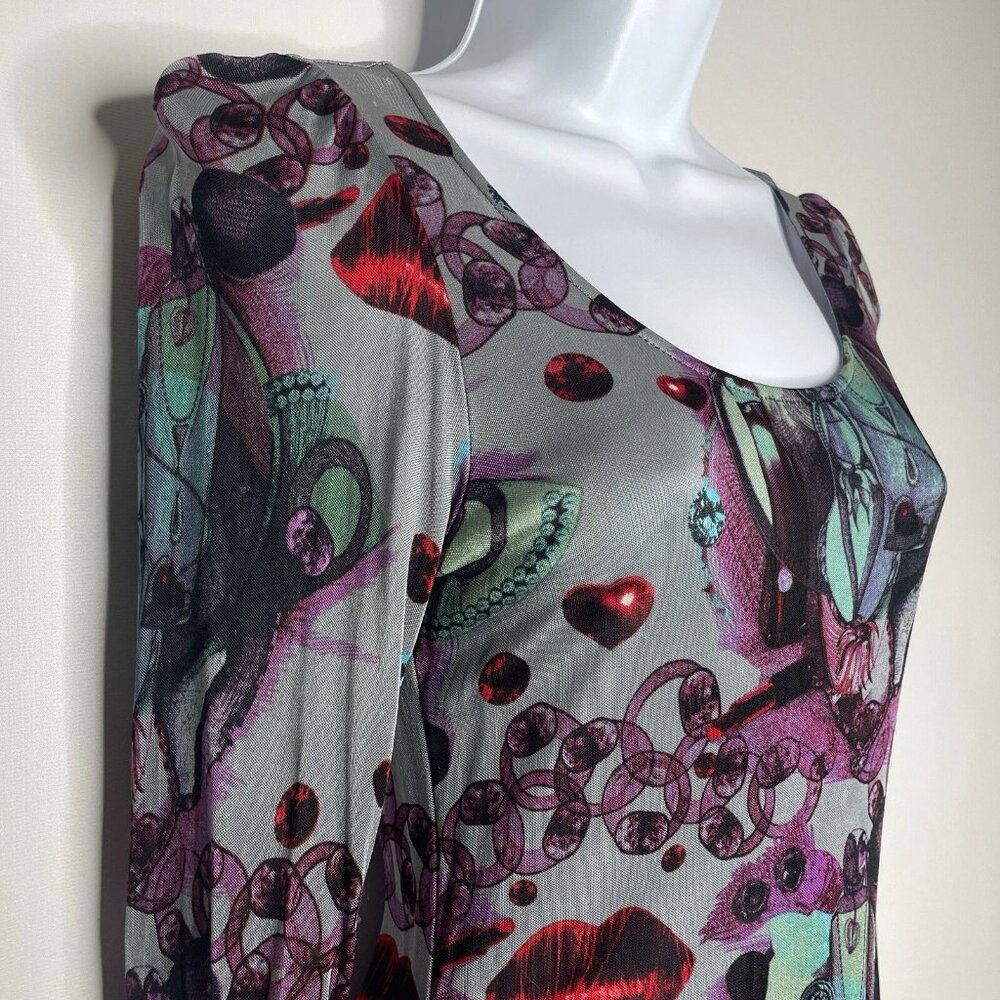 Vintage Y2K Custo Barcelona Graphic Mesh Dress Size S Gray Purple Lips Hearts - Picture 4 of 10